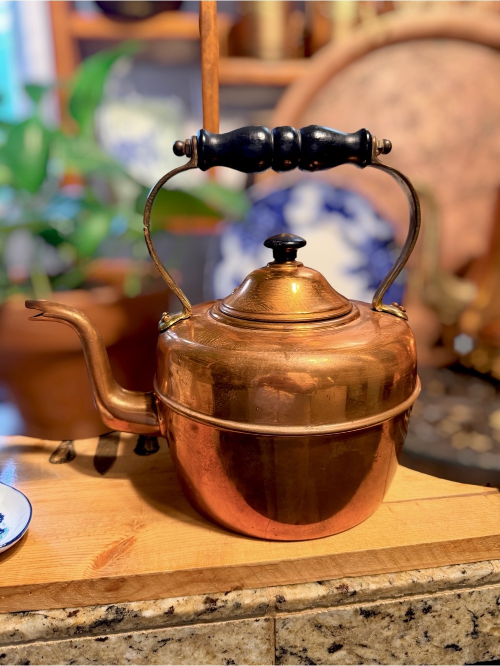 Vintage English Copper Kettle With Brass Accents